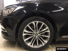 Installing a set of spacers to increase the ground clearance Hyundai Genesis Lift Kits (leveling kits and coil spring spacer\strut spacer)
